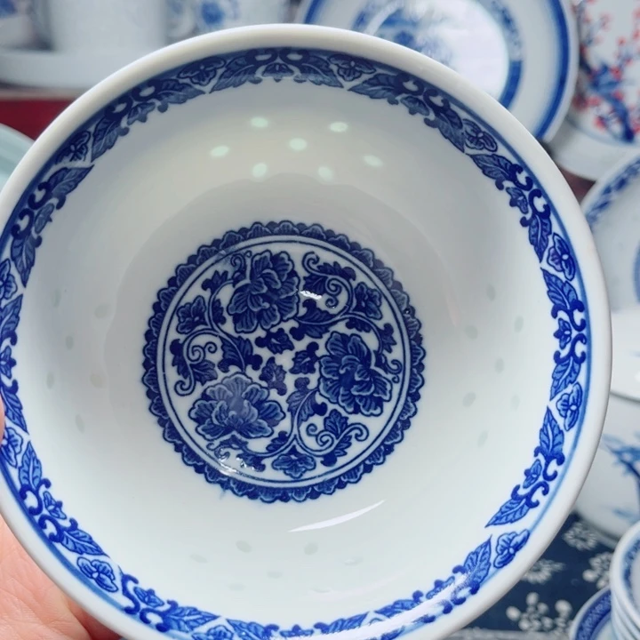 青花玲珑5寸饭碗牡丹花