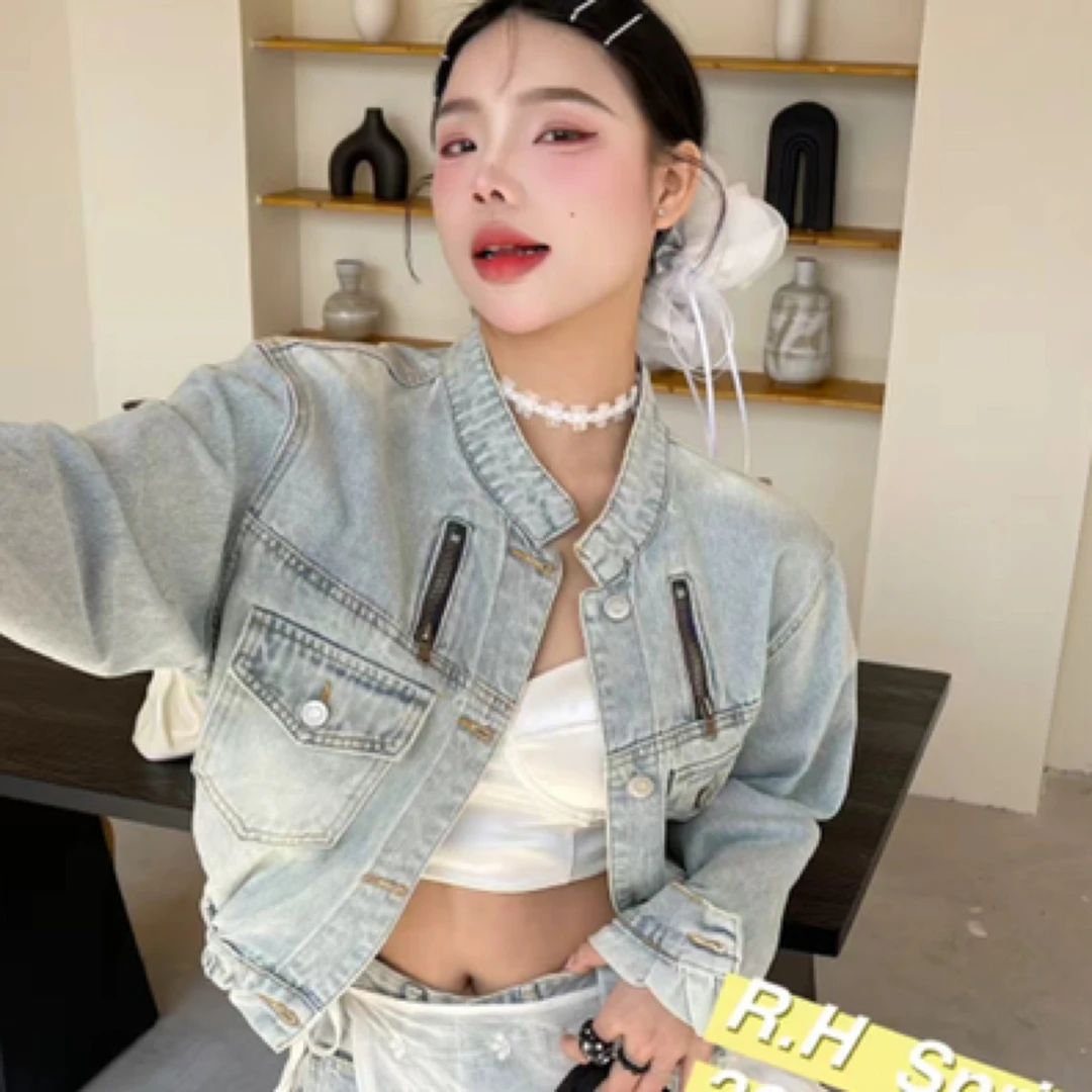 【C度笑笑力推】7913新品时小众设计尚意法高货短款牛仔外套