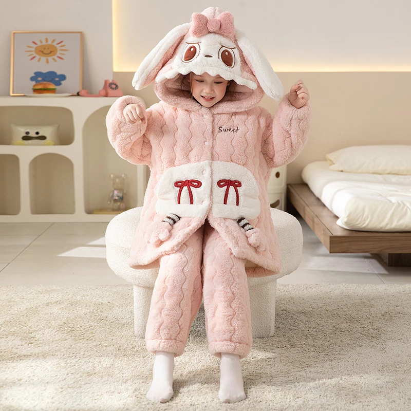 儿童睡衣女孩冬季加绒加厚款保暖三层夹棉珊瑚绒女童中大童家居服