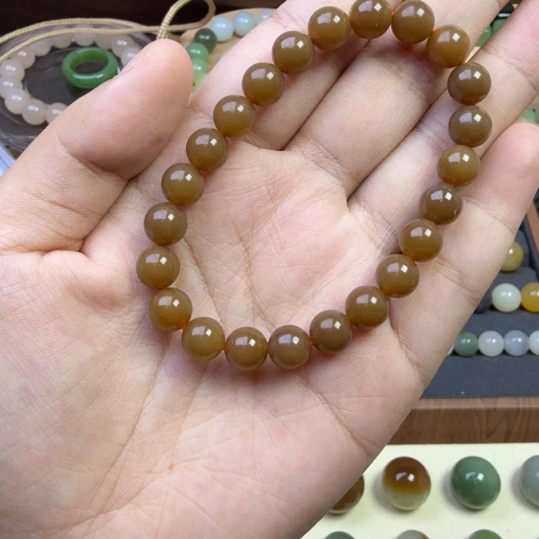 和田玉未镶嵌珠宝半成品卡八红糖手串