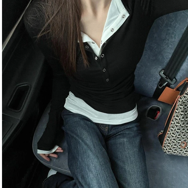 黑色假两件打底衫长袖t恤女春秋2025新款修身显瘦设计感别致上衣