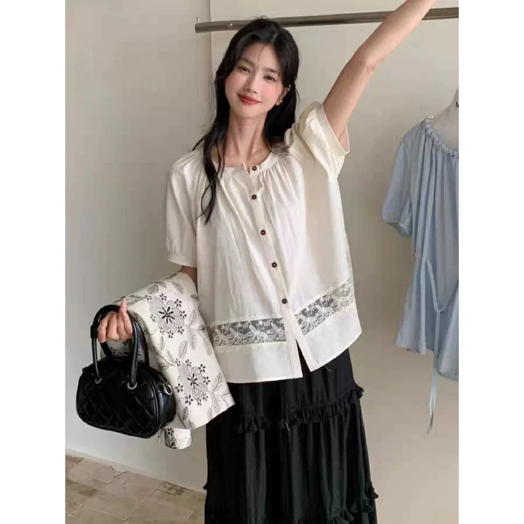 潮妹专属-2025夏简约蕾丝新款法式百搭拼接圆领短袖衬衫7693#0.1