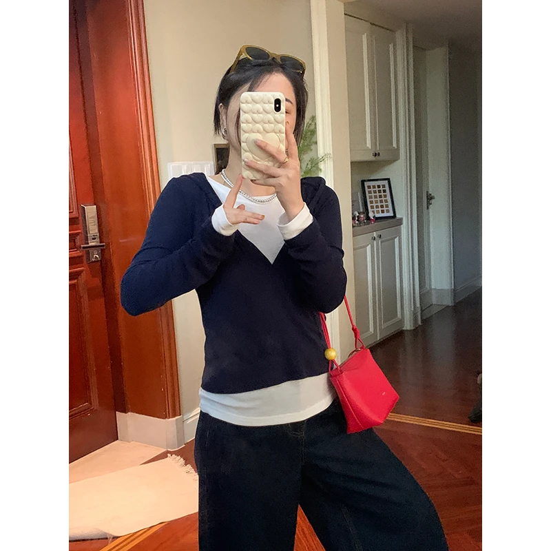 花总吖【不费力叠穿】初秋新款天丝羊毛假两件撞色连帽衫R425X15290