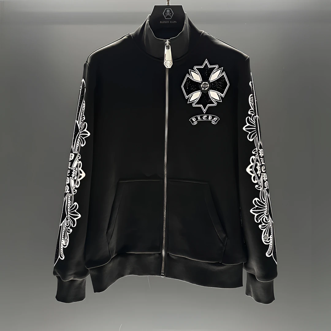 PLIPHPP PLEPN欧美风重工十字花烫钻高级时尚百搭拉链立领夹克