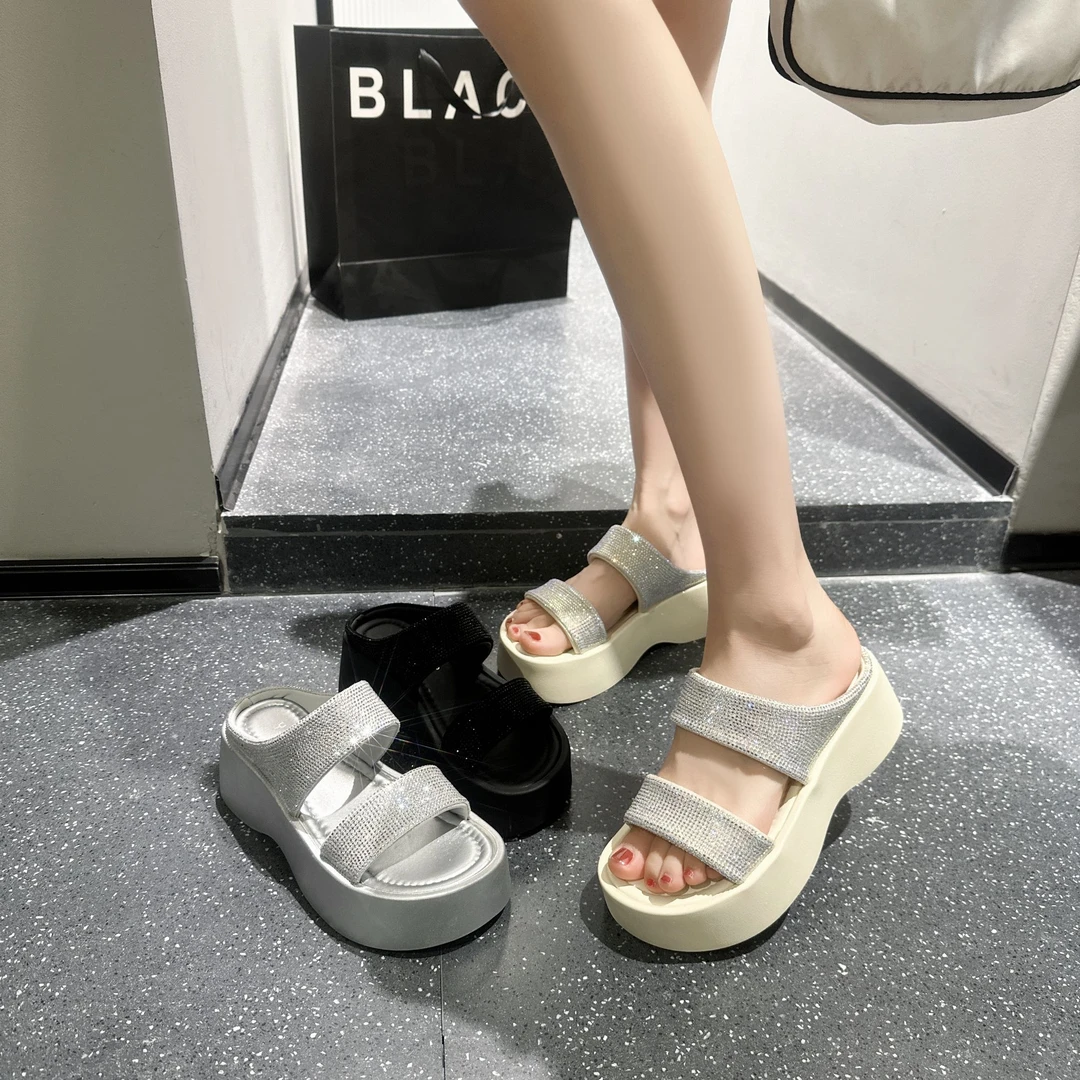 三小姐 夏季一字拖时尚凉拖鞋厚底休闲水钻鞋女浅口日常增高鞋906