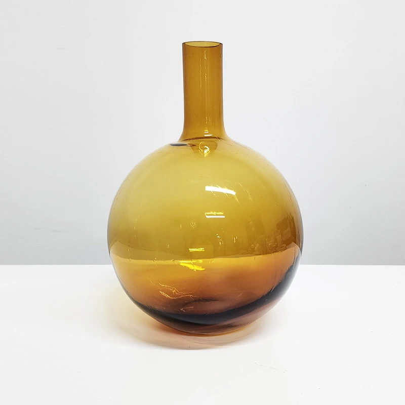 【高37cm】摩瑟家居【琥珀色细口球形】HCDF花瓶摆件玻璃花盆