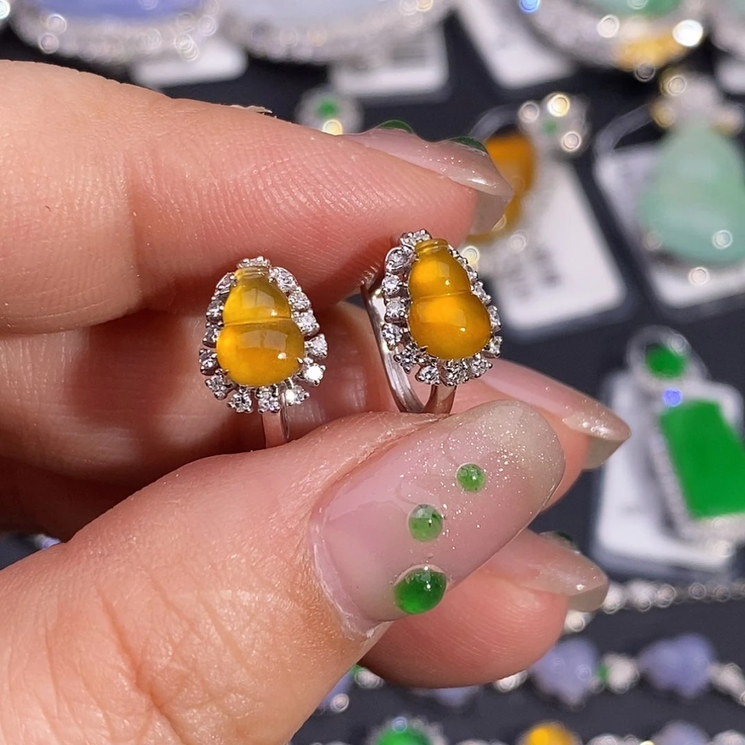 翡翠耳饰18K金镶嵌葫芦