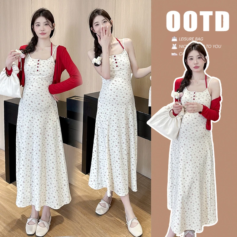 孕妇装2025春秋新款韩版百搭绑带碎花吊带裙红色防晒孕妇装春夏装
