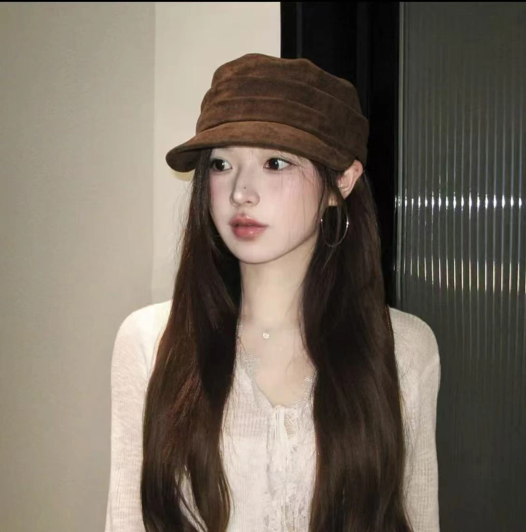 2025新款日系复古麂皮绒马术帽秋冬贝雷帽大头围显脸小百搭鸭舌帽
