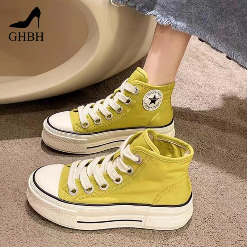 欧货爆款高帮内增高帆布鞋ins厚底板鞋女加绒保暖百搭秋冬小白鞋