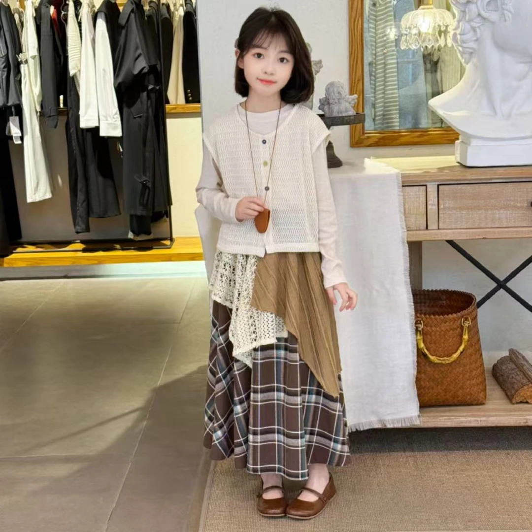 女童2025新款马甲打底衫套装儿童春秋韩版设计感拼接半身裙三件套