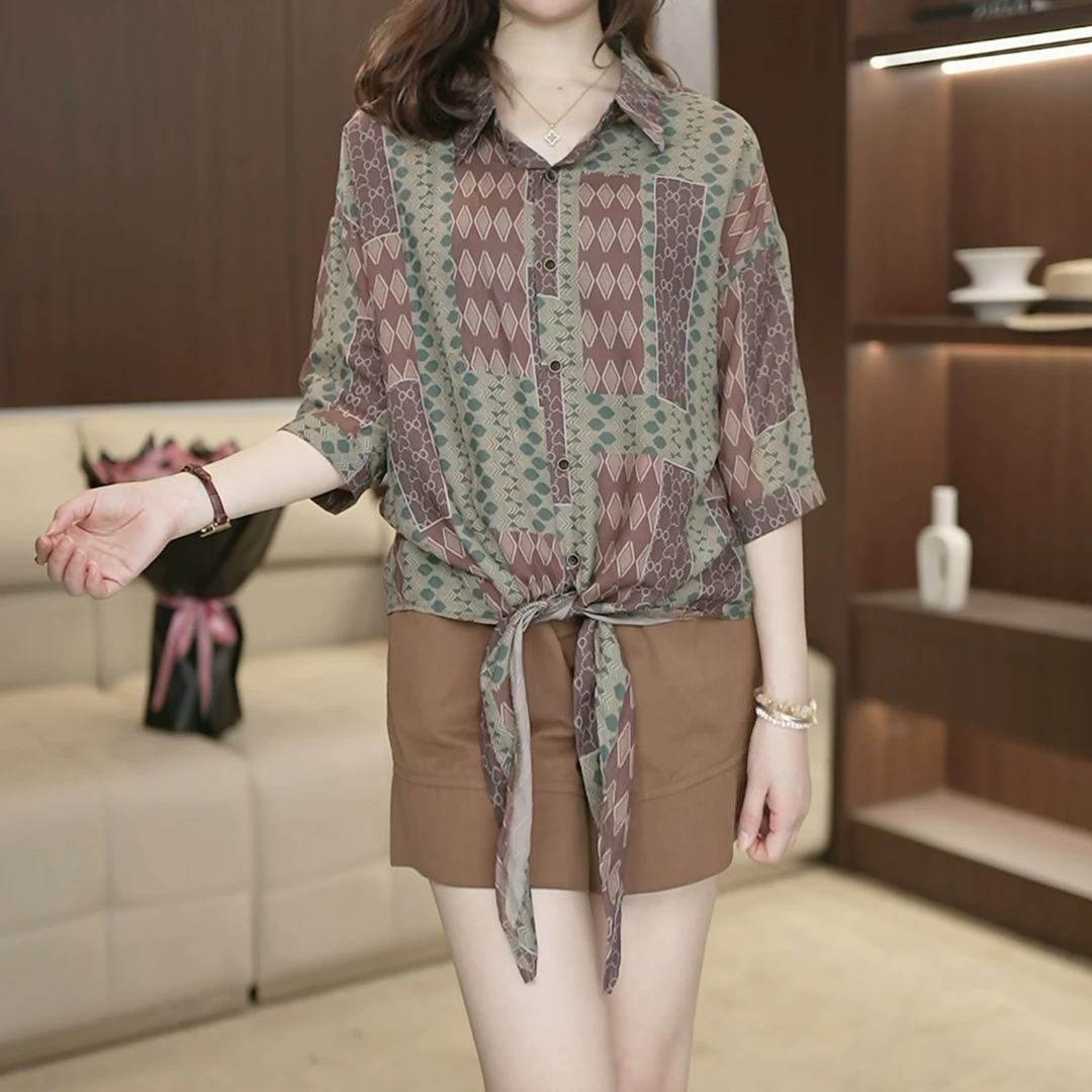 菱形文艺风系带短袖衬衫女2025夏独特印花上衣休闲薄款防晒衣3156