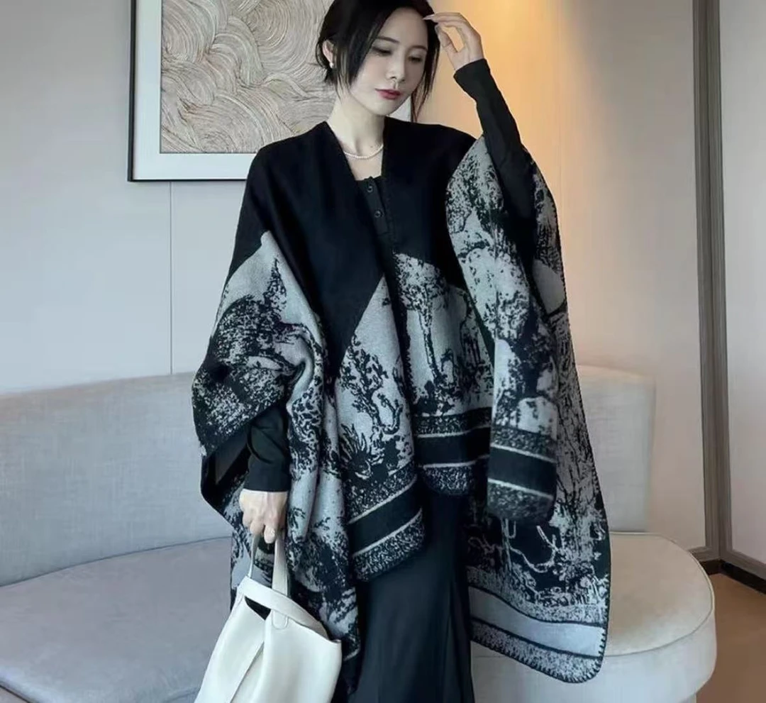 初秋冬季外搭薄款江南水乡文艺旅游披风仿羊绒针织围巾油画披肩