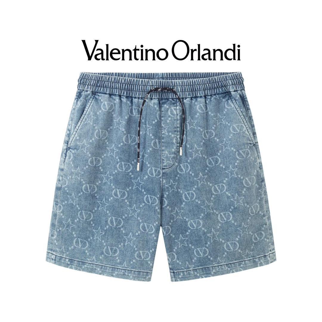 Valentino orlandi男士夏季时尚百搭老花logo松紧腰系带牛仔短裤