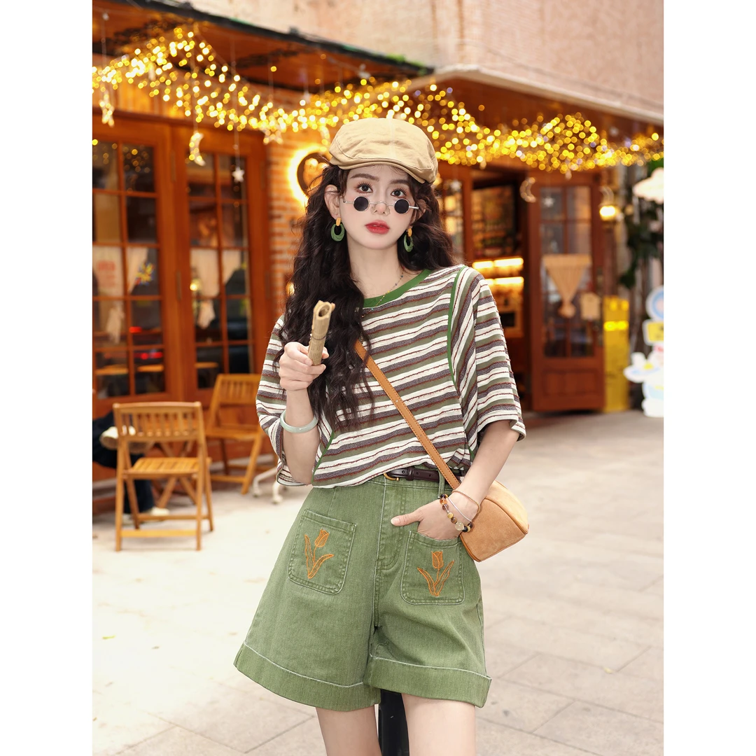 陈大器【青藤百何】复古港风条纹夏季短袖T恤休闲宽松上衣JP1666301