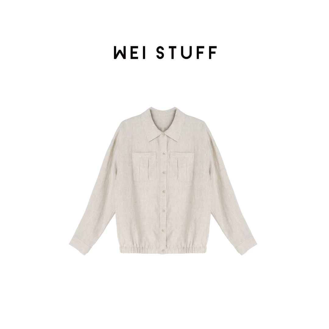 WEI STUFF 欧若风100亚麻米白色老钱风口袋翻领衬衫 6482. S