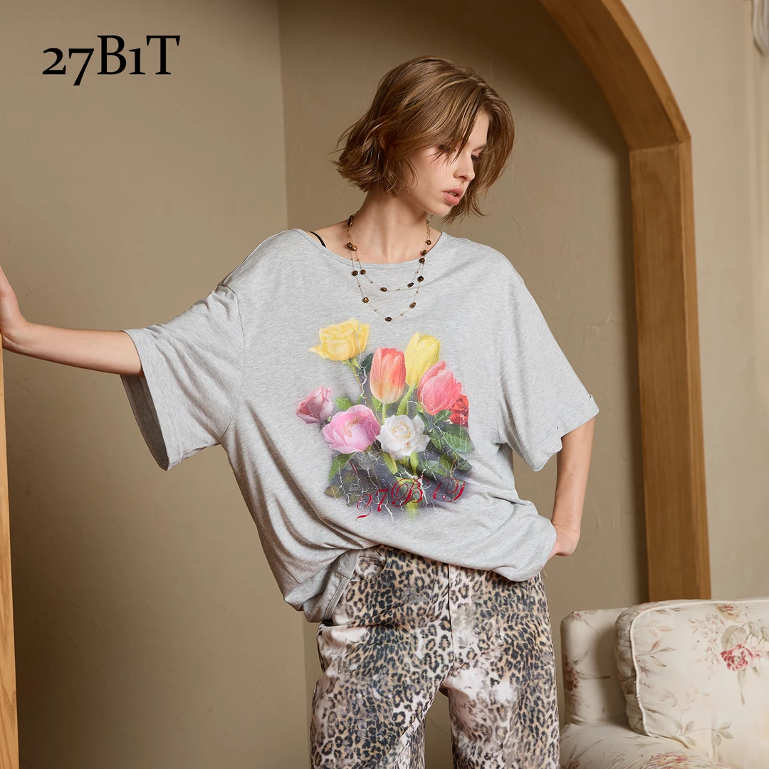 27B1T 灰色后背扭结深V性感辣妹做旧花朵印花T恤女春夏BDWWR2T203