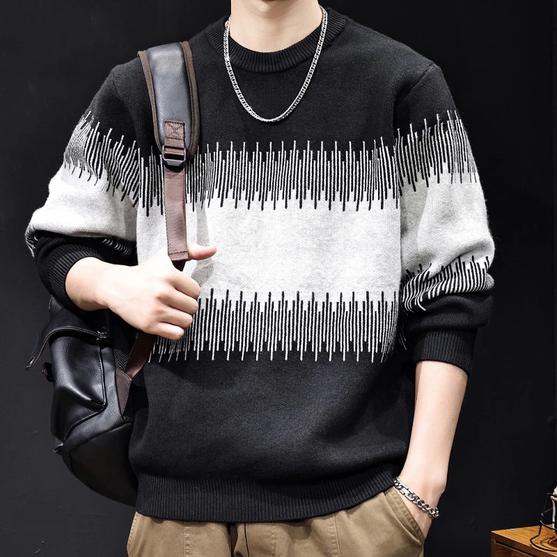 MR.MUDI/穆迪先生复古拼接圆领卫衣毛衣男新款宽松加厚针织衫黑白