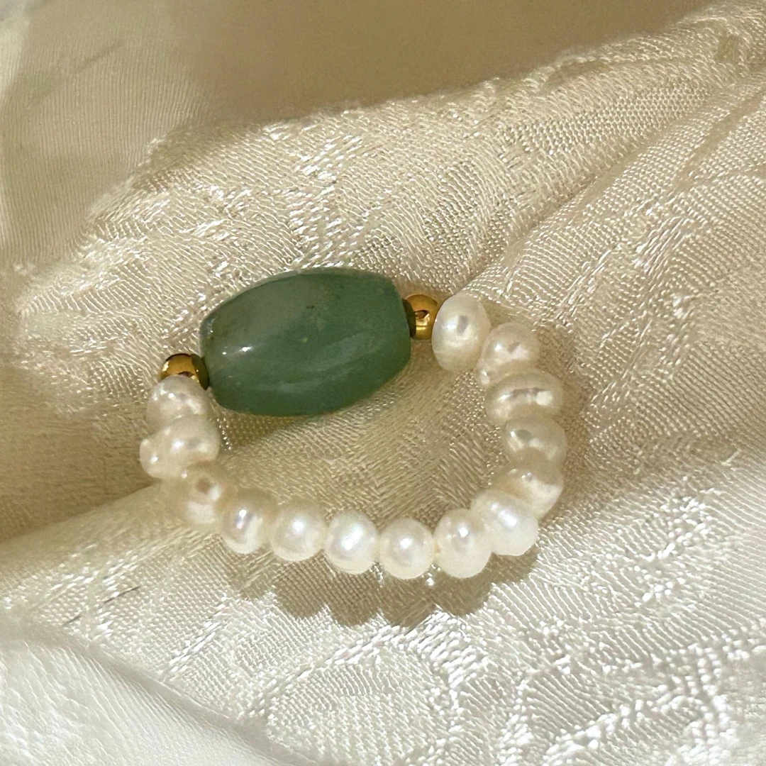 铜合金仿珍珠戒指  4321西洋中古风 vintage复古珠珠绿色戒指