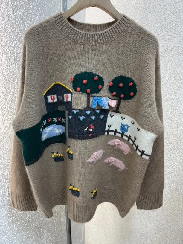 重工 100纯山羊绒手工小猪圆领宽松毛衣