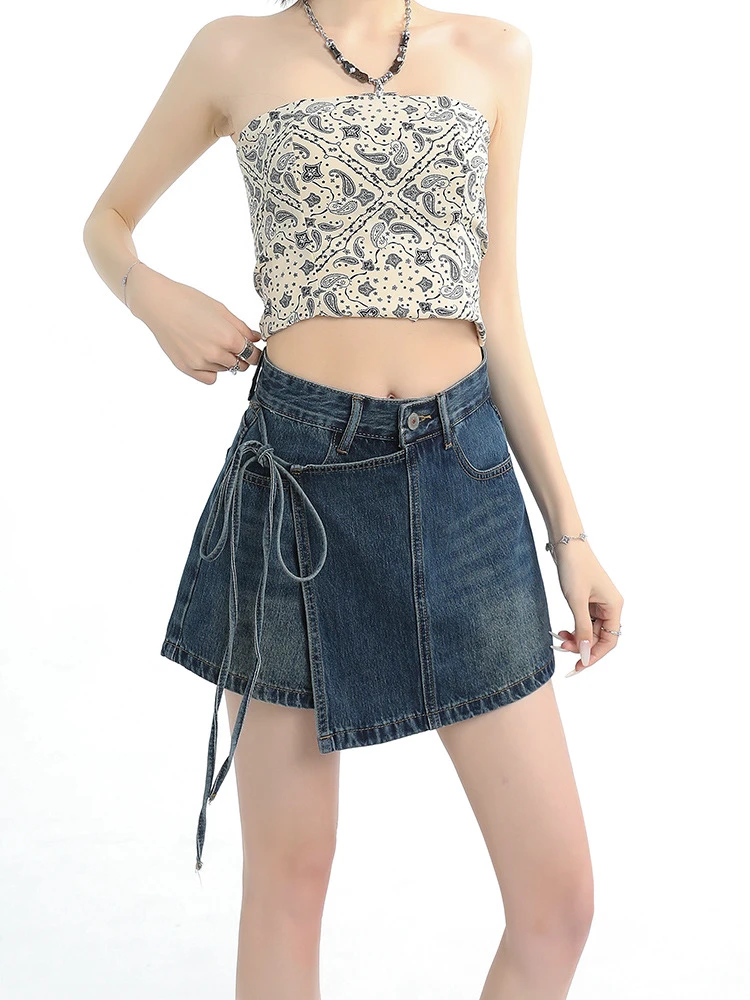 复古蓝牛仔短裙女小个子2025早秋新款高腰显瘦a字不规则绑带裙裤