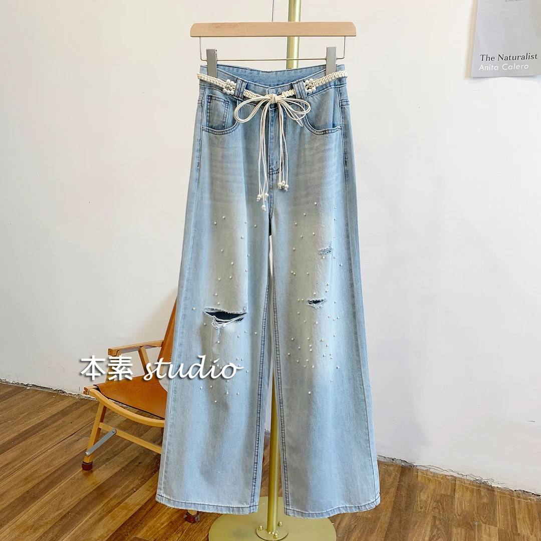 C3813钉珠破洞牛仔阔腿裤显瘦高腰