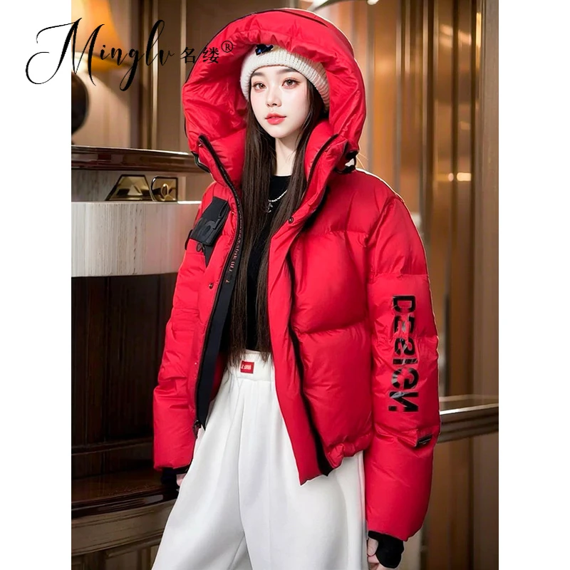 2025冬季休闲高级感超好看红色连帽拉链保暖设计感气质羽绒服外套