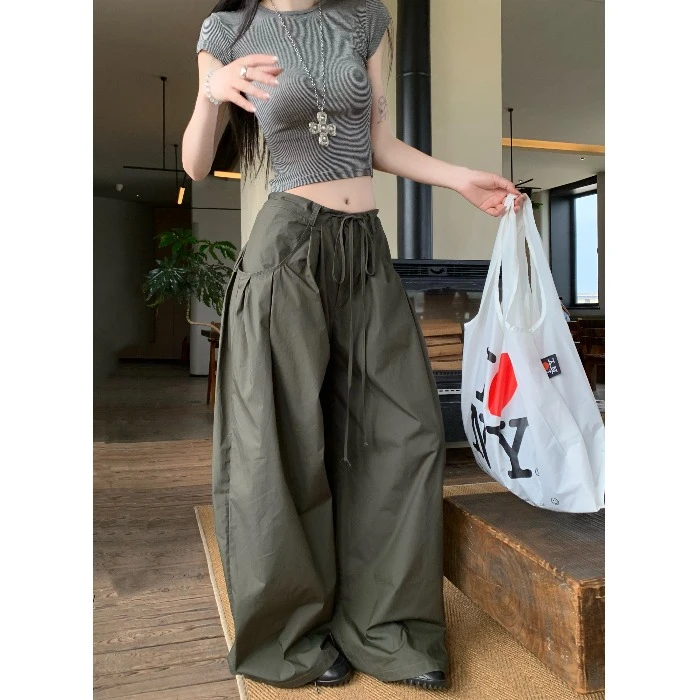 慵懒风抽绳垂感工装裤休闲裤女装夏季气质百搭显瘦裤子阔腿裤长裤