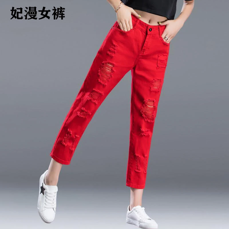 爆款大红色直筒女士牛仔裤2025加绒八分破洞宽松高腰显瘦女款裤子