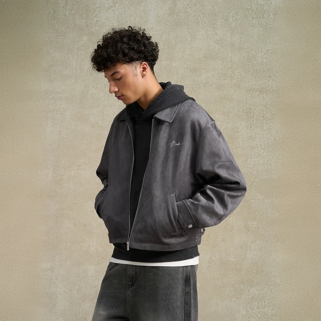 刺绣logo仿麂皮夹克短款翻领高级感简约外套秋百搭潮牌