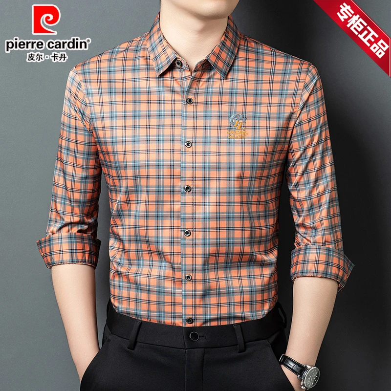 皮尔卡丹男士免烫长袖衬衫秋季新款男士高档抗皱时尚轻奢格子衬衣