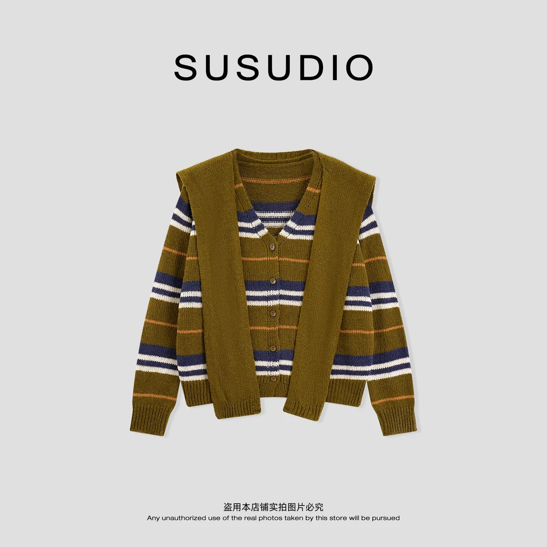 SUSUDIO 绵羊毛 慵懒风撞色条纹显白绵柔毛织开衫（带披肩） Z6042