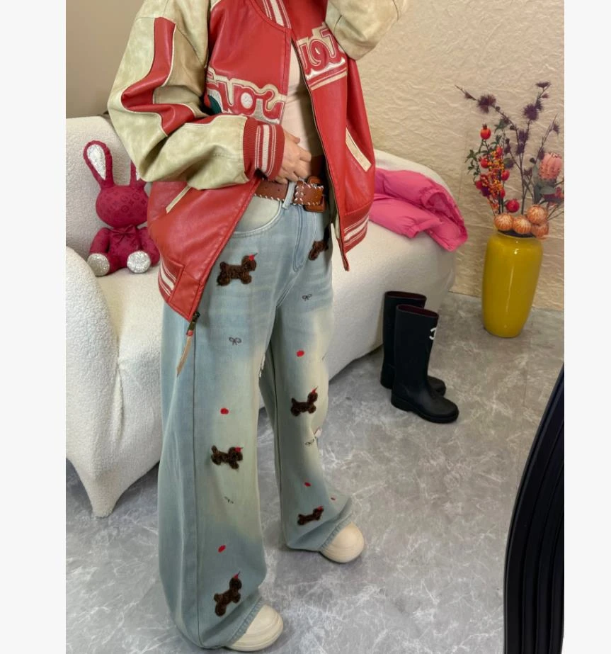 冬季加绒保暖新款爆款重工刺绣独角兽牛仔阔腿裤显瘦百搭