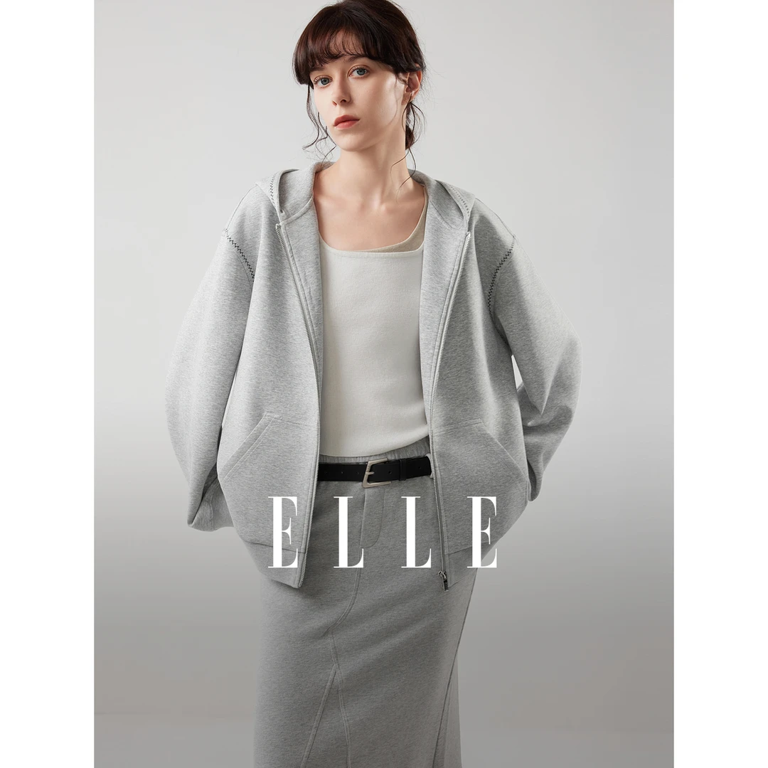 ELLE女装灰色连帽针织卫衣外套2025秋新款休闲上衣L8AFS137