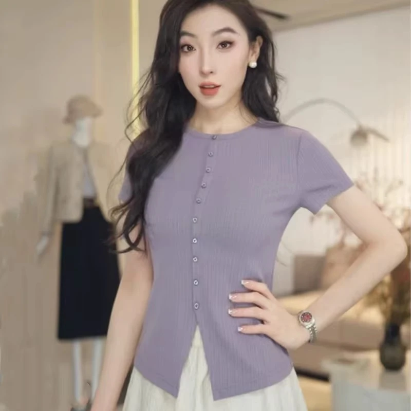 【商场同款】夏季新款时尚百搭圆领修身开叉短袖T恤女130031