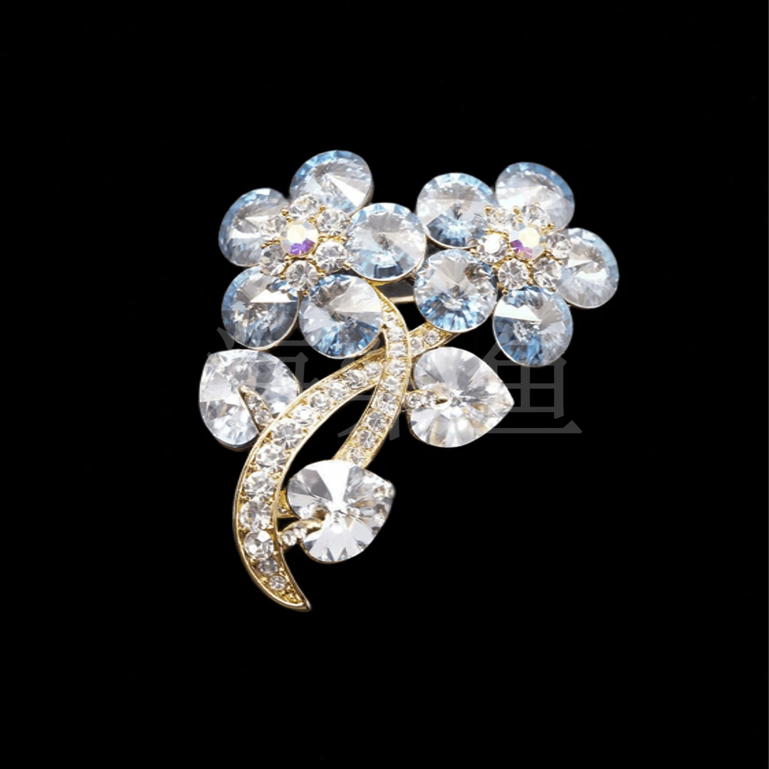 锌合金仿水晶胸针 时尚气质百搭【施】兰魅双花胸针5182