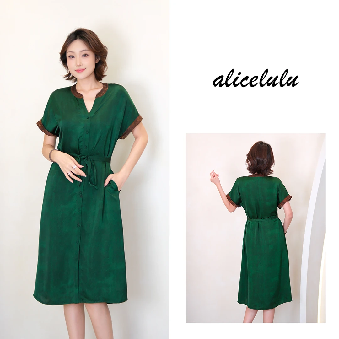 [alicelulu]韵味气质暗纹V领拼接连衣裙短袖系带S2143489L