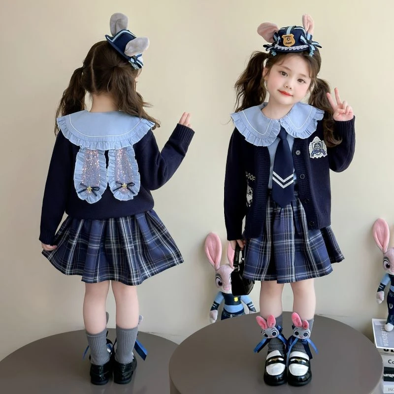 女童秋装套装裙学院风2025新款洋气儿童开衫女宝宝兔子警官三件套