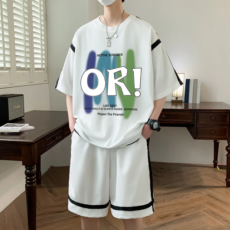 青年薄款夏季休闲运动套装百搭五分袖假两件痞帅ins潮流时尚男生