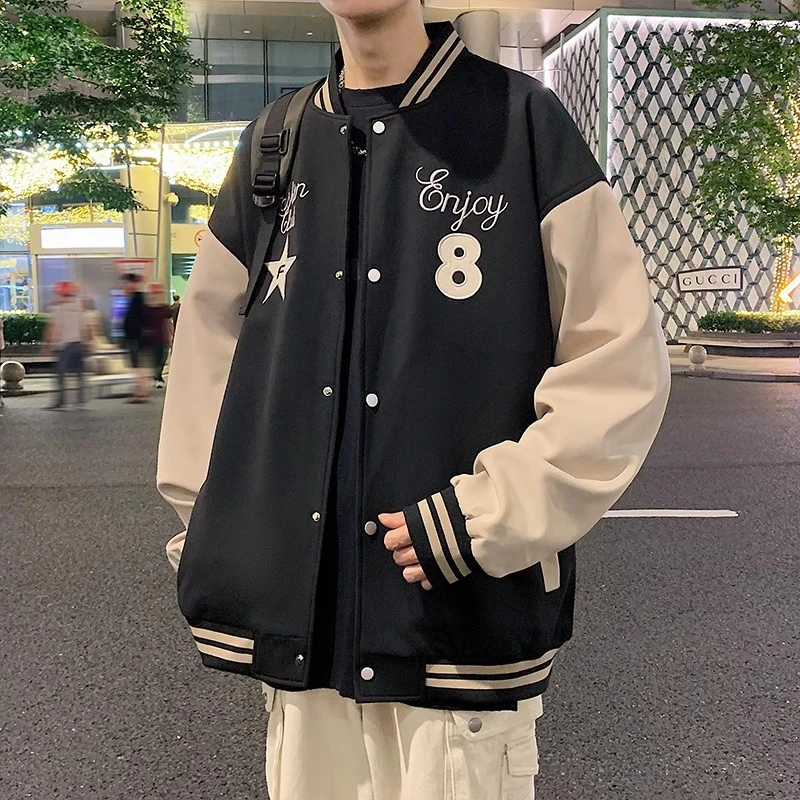 GS春季新款潮牌复古高街痞帅美式潮流拼接休闲简约夹克上衣外套男