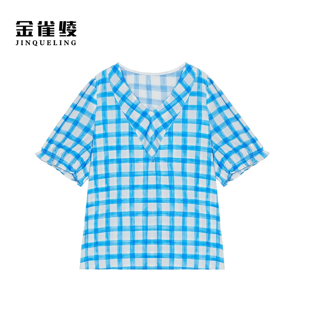 金雀绫【夏日甜心】桑蚕丝透气休闲格纹加宽加大小衫SZA1S284