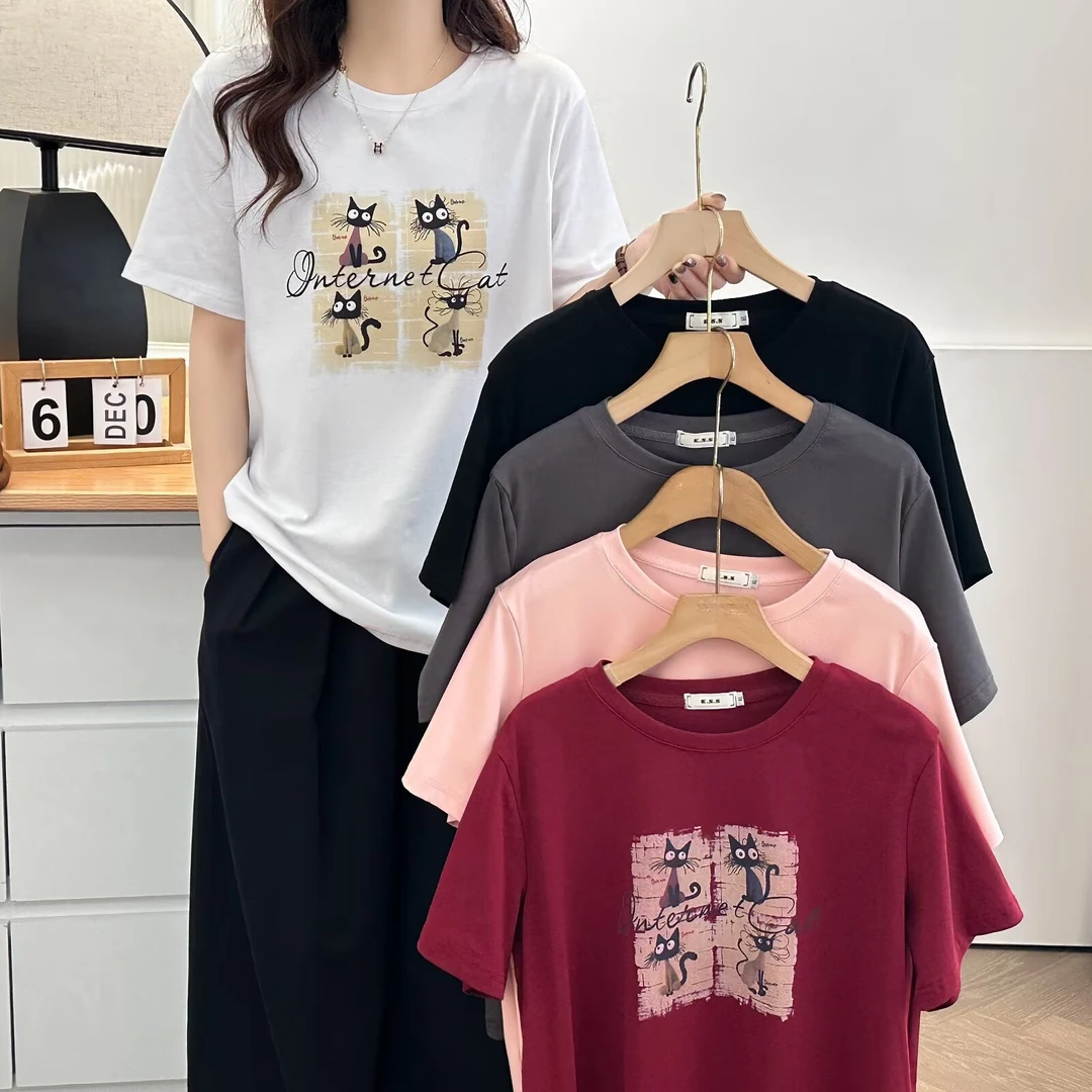 夏季双面爽滑棉四面格猫咪晕染正肩显瘦百搭女短袖T恤