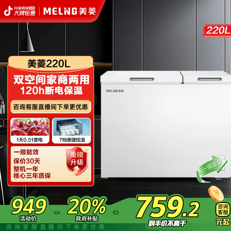 【活动双温控温】美菱220DT节能小型家商两用断电保护冷藏冷柜冰柜