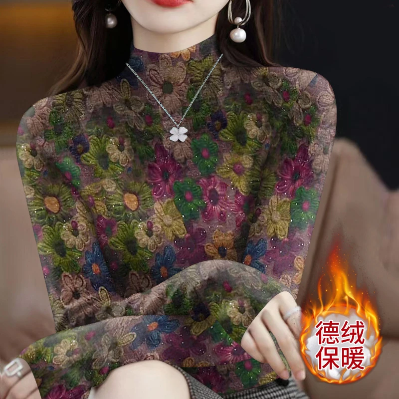 德绒打底衫内搭新款秋冬女士印花半高领时尚长袖保暖显瘦百搭上衣