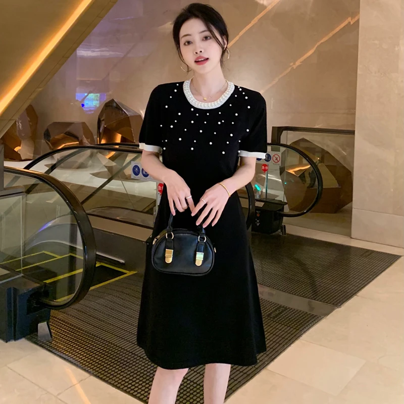 2025夏季法式小香风气质连衣裙时尚钉珠收腰显瘦A字裙636