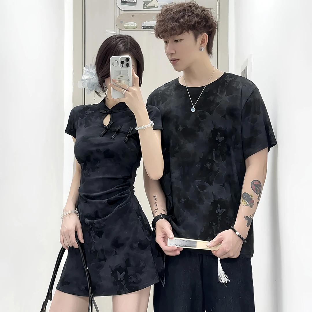外出度假连衣裙一衣一裙情侣装夏季2025新款短袖扎染蝴蝶改良旗袍