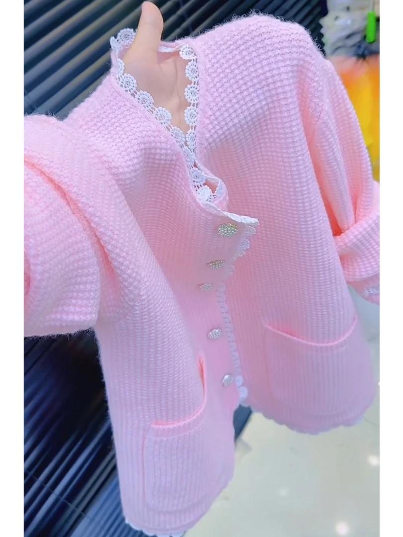 欧货时尚洋气个性潮流小花边拼接粉色上衣女2025秋季百搭休闲长袖