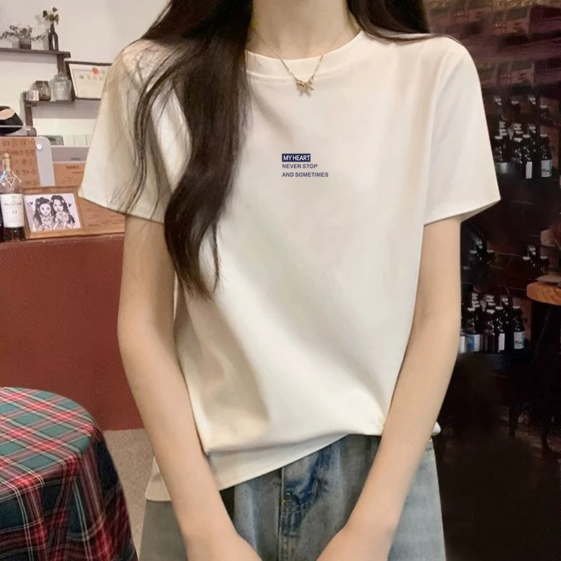 正肩纯棉圆领短袖t恤女所售百搭洋气2025夏季新款韩版设计感上衣