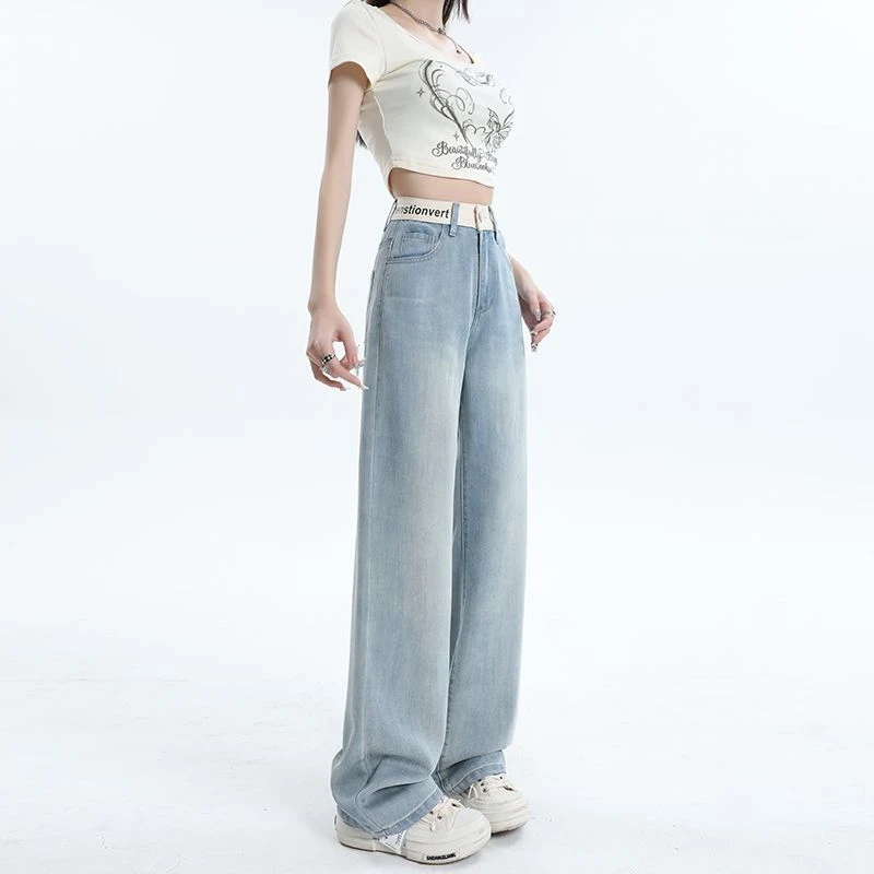 浅蓝拼接莱赛尔阔腿裤牛仔裤女2025年夏季薄款高腰垂感显瘦直筒裤