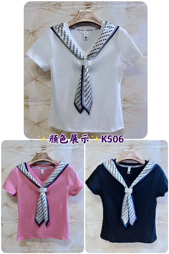 短袖休闲风V领字母T恤百搭娃娃领公主上衣506